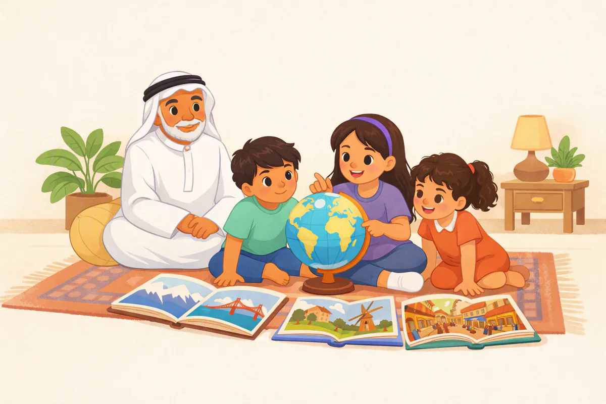 ثلاثة أطفال حول كرة أرضية كبيرة وكتب مصورة لمناظر من بلدان مختلفة، والكبرى تشير إلى الكرة، وجدهم بثوب وغترة بيضاء يبتسم