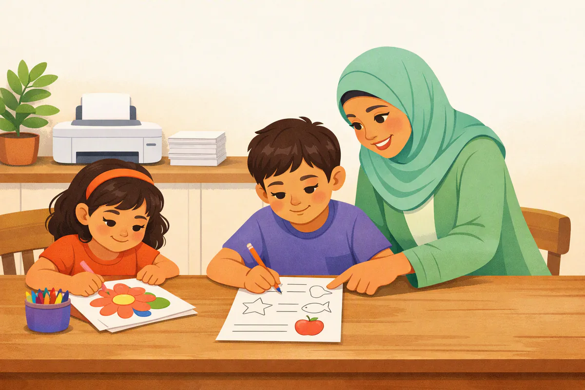 طفل يحل ورقة عمل مطبوعة بالقلم الرصاص وأخته تلوّن ورقة زهرة، وأمهما بحجاب أخضر فاتح تشير إلى ورقته وخلفهم طابعة صغيرة