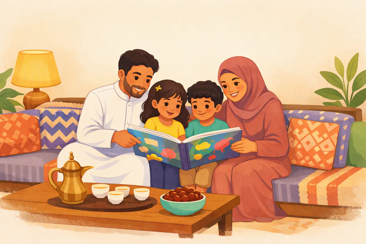 أب بثوب أبيض وأم بحجاب وردي يقرآن كتابًا مصورًا مع طفليهما على أريكة المجلس مساءً، وأمامهم دلة قهوة وتمر