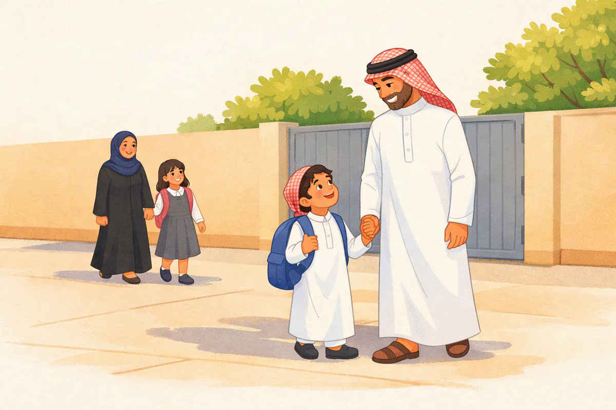 أب سعودي بثوب وشماغ يمسك يد ابنه الصغير بحقيبته الزرقاء أمام سور المدرسة صباحًا، وخلفهما أم بعباءة وحجاب كحلي مع ابنتها بمريول المدرسة
