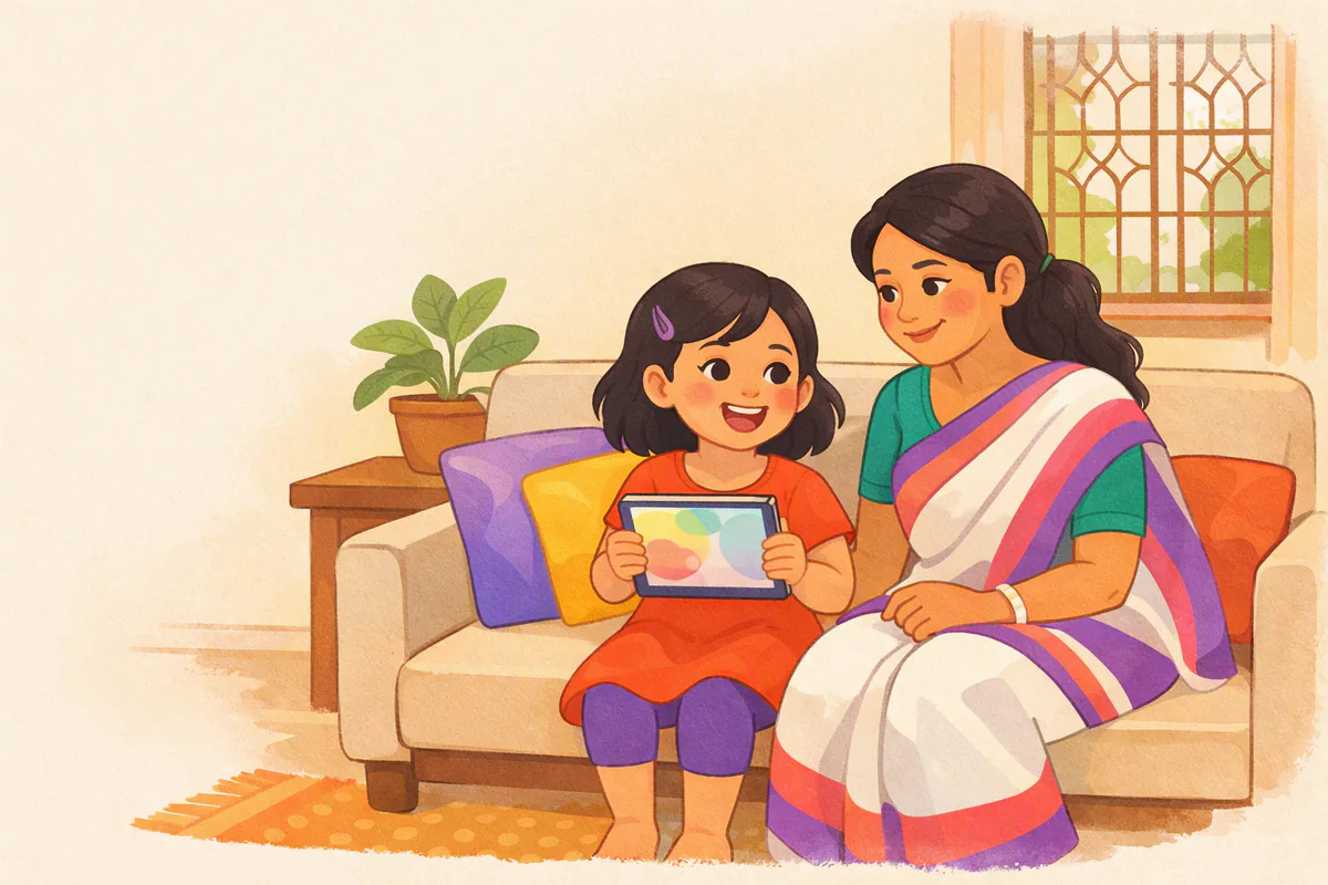 বসার ঘরে মা আর সাত বছরের মেয়ে, মেয়েটির হাতে একটি ট্যাবলেট, সে হাসিমুখে কিছু বলছে আর মা শুনছেন