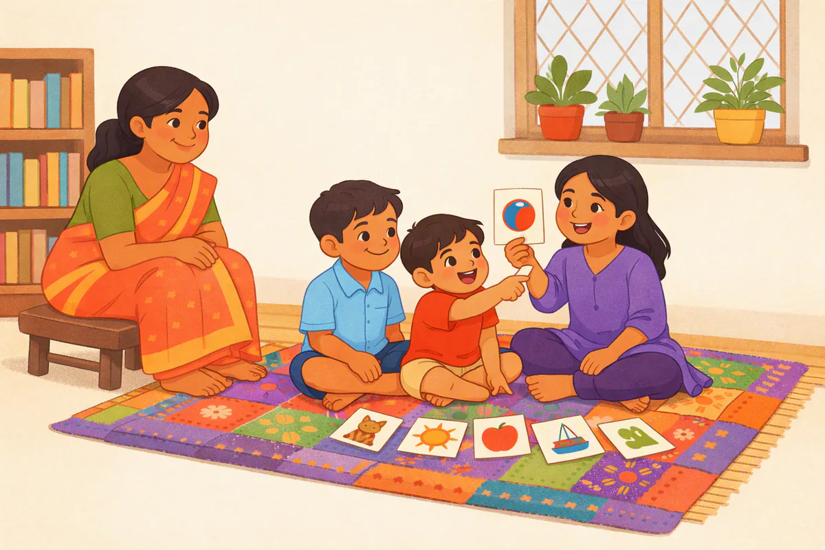 নকশিকাঁথার ওপর বসে তিনটি শিশু ছবির কার্ড নিয়ে খেলছে, পাশে মা হাসিমুখে বসে আছেন