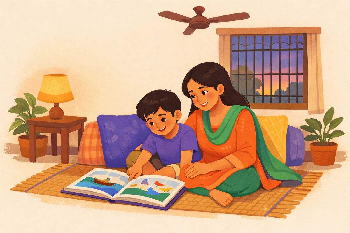 সন্ধ্যায় বসার ঘরে মা আর ছেলে মেঝেতে বসে ছবির বই দেখছে, ছেলেটি একটি ছবিতে আঙুল রেখেছে