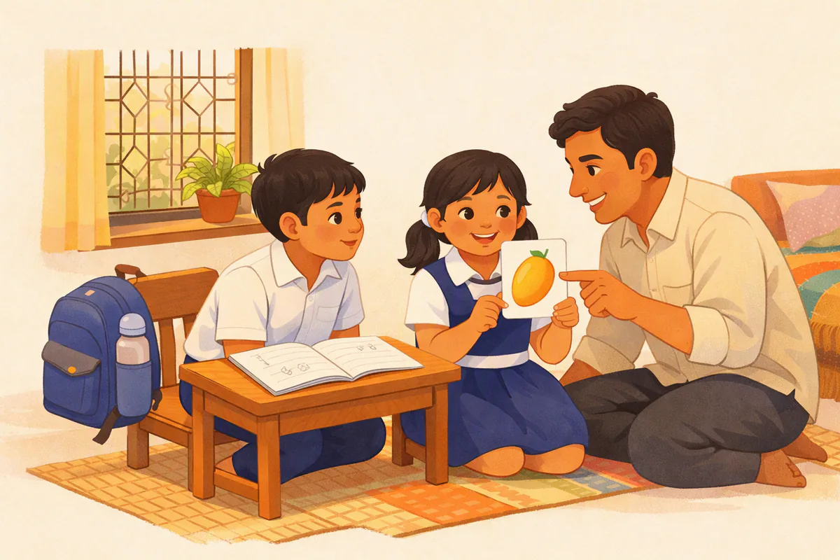 স্কুল থেকে ফিরে পড়ার টেবিলে ভাইবোন, ছোট বোনটি আমের ছবির কার্ড দেখাচ্ছে আর বাবা পাশে বসে কার্ডের দিকে আঙুল দেখাচ্ছেন