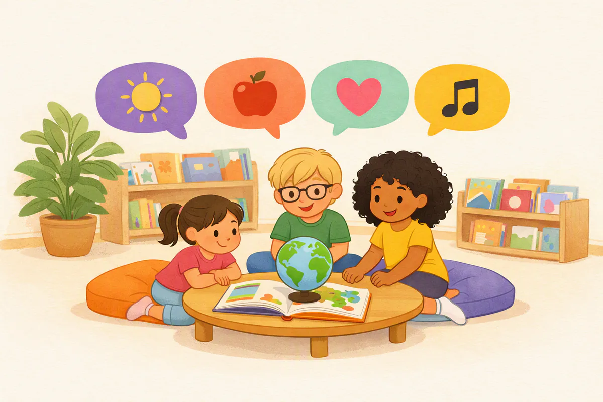 Drei Kinder in der Kinderecke einer Bücherei mit Bilderbuch und Globus, über ihnen bunte Sprechblasen mit Sonne, Apfel, Herz und Note