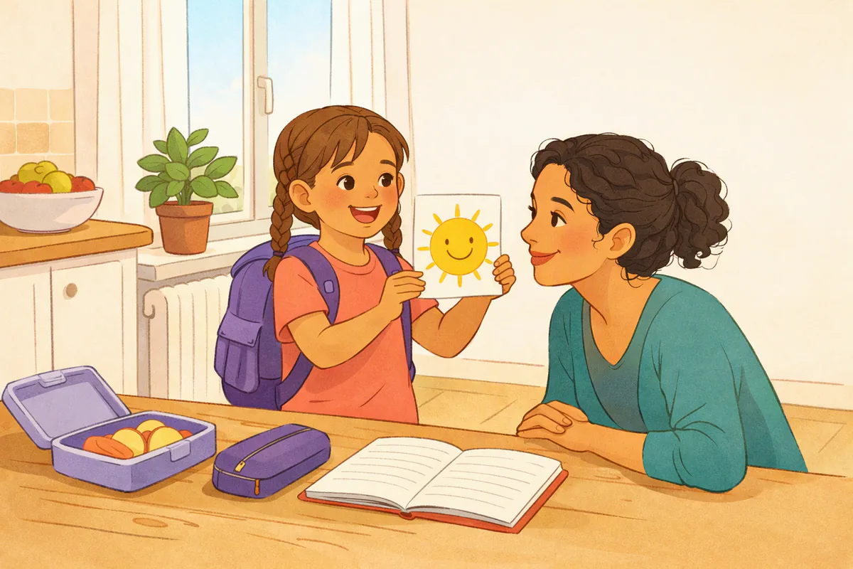 Ein Mädchen mit Schulranzen zeigt seiner Mutter in der Küche eine Bildkarte mit einer Sonne aus dem Englischunterricht