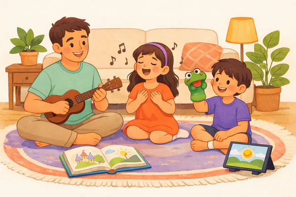 Halıda şarkı söyleyen aile: baba ukulele çalıyor, kız şarkı söylüyor, oğlan çorap kuklası oynatıyor