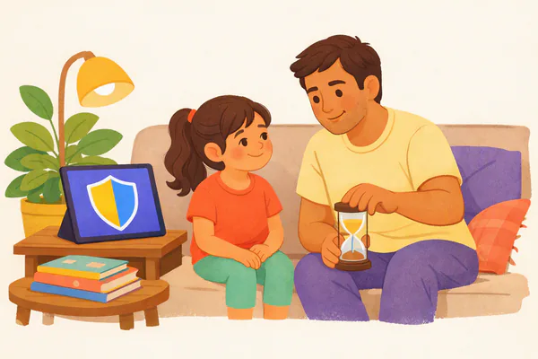 Akşam kanepede kum saatini çeviren baba ve kızı; standdaki tablette kalkan simgesi