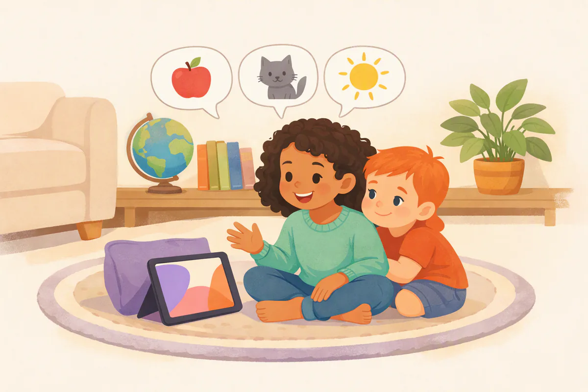 A girl talks to a tablet on the living room rug while her younger brother listens; speech bubbles above show an apple, a cat and a sun