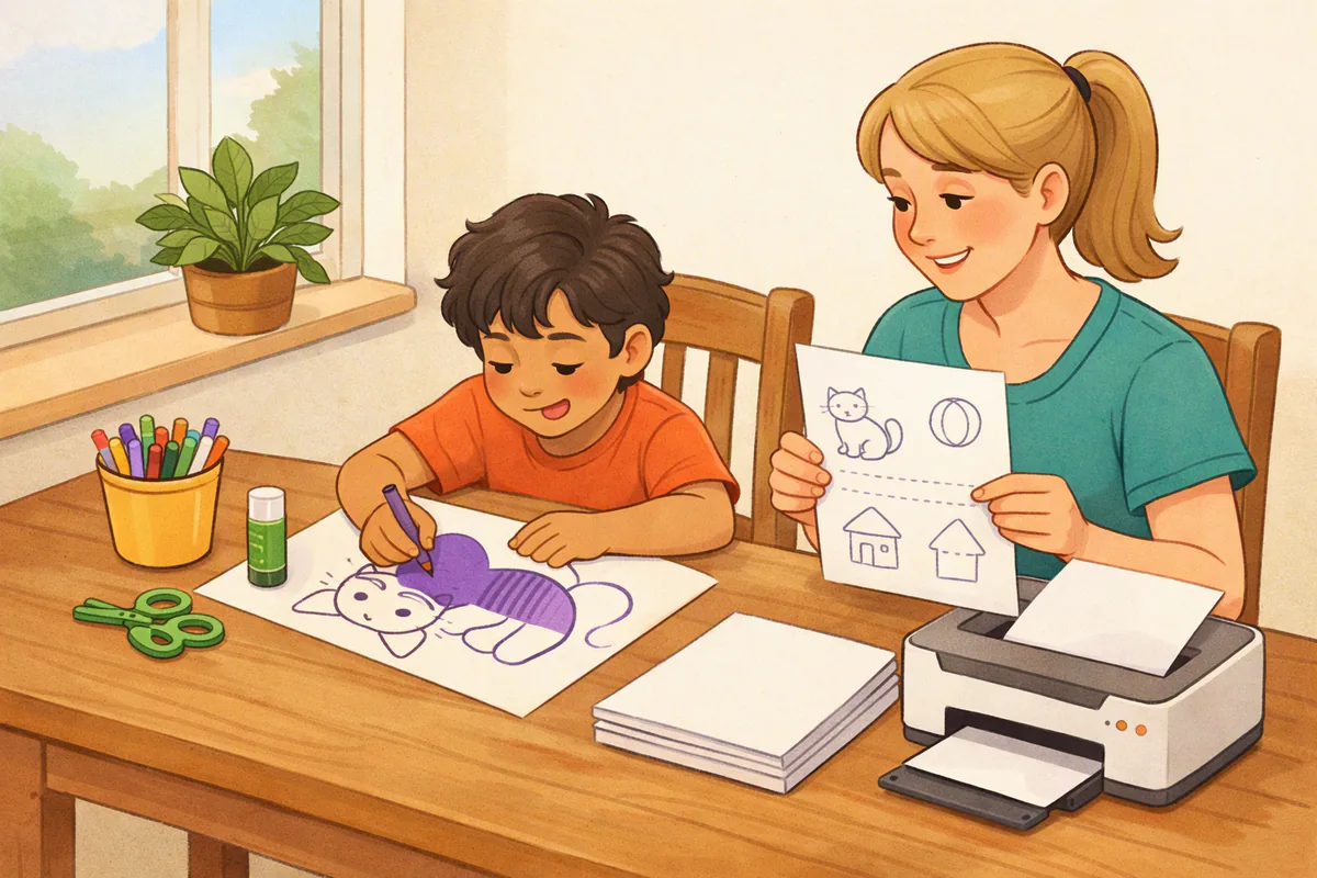 A boy colors a printed line drawing of a cat while his mother takes a new sheet from a small printer at the dining table