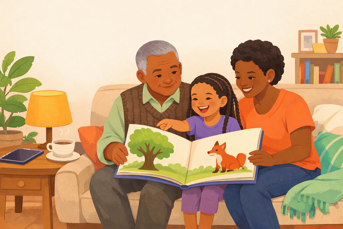 A girl reads a picture book on the sofa with her mother and grandfather and points at a fox in the book