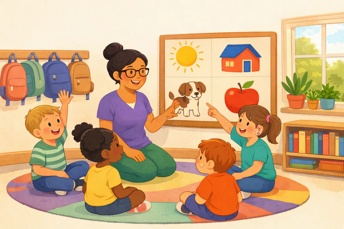 A teacher kneels with four young children on a classroom carpet in front of a board of pictures; one child raises a hand