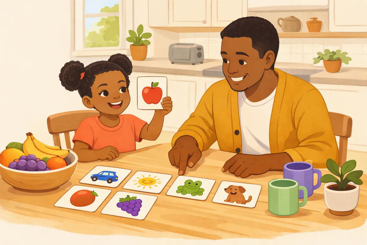 A father and his young daughter play a picture-card game at the kitchen table; she holds up an apple card while he points to a frog card