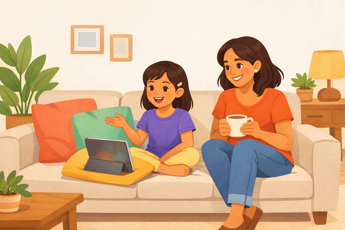 Una niña de unos siete años habla con una tableta en el sofá mientras su mamá la observa sonriendo con una taza de café