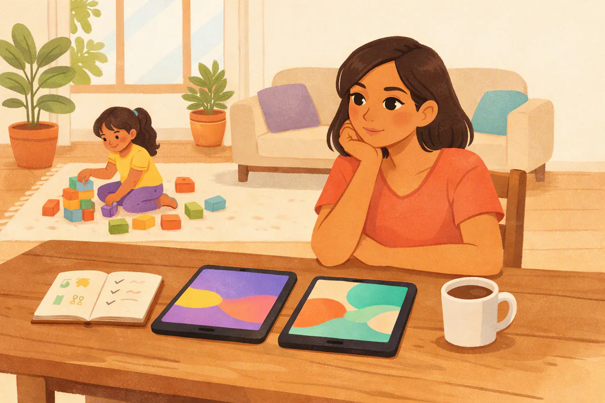 Una mamá piensa frente a dos tabletas y un cuaderno en la mesa del comedor mientras su hija juega con bloques en la alfombra