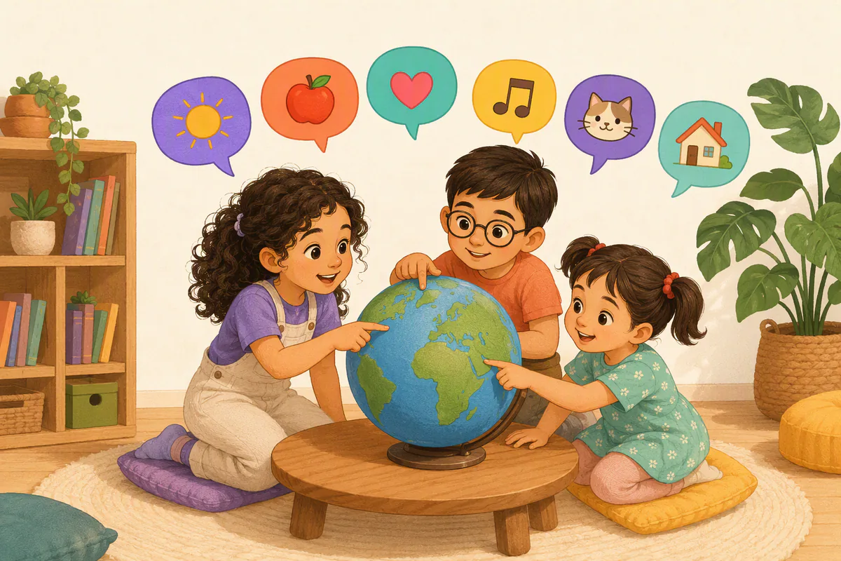 Tres niños miran juntos un globo terráqueo en la sala, rodeados de globos de diálogo con dibujos de comida, música y animales