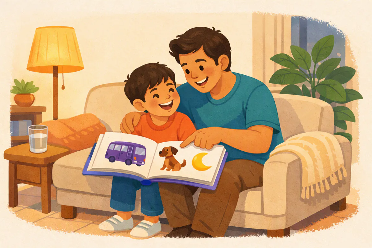 Un papá lee un libro de dibujos con su hijo de unos seis años en el sofá de la sala y le señala una imagen