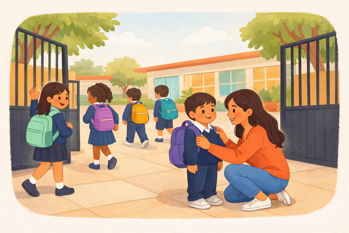 Niños de primaria con mochila y uniforme entran a la escuela por la mañana; en la puerta, una mamá le acomoda la mochila a su hijo