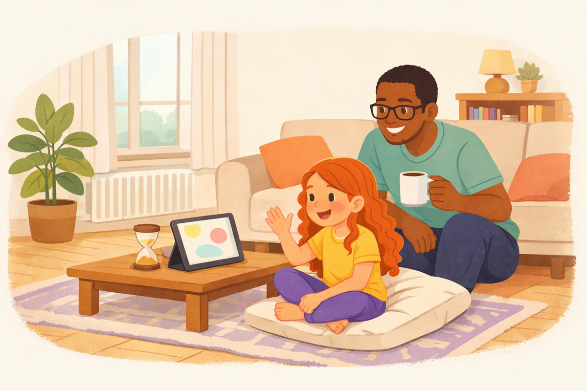 Une fillette parle à voix haute devant une tablette posée sur une table basse, son père, assis juste derrière elle, l'écoute en souriant