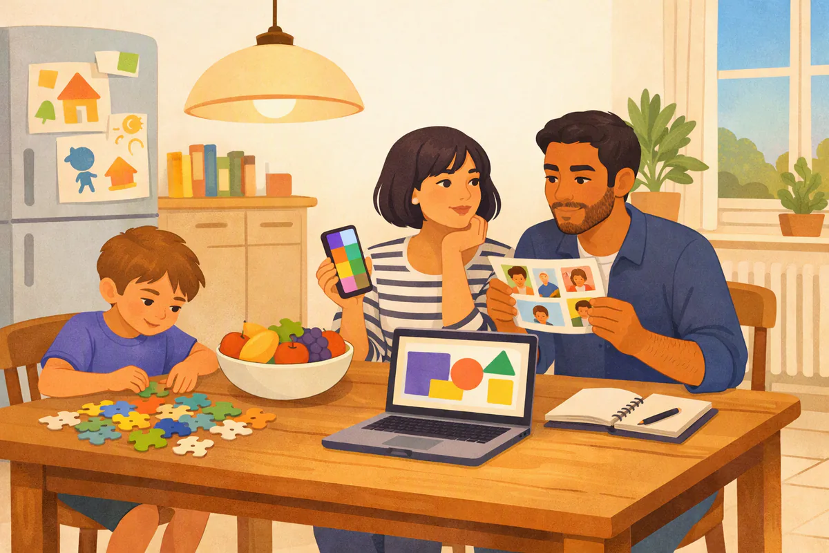 Deux parents comparent des offres sur un téléphone et un dépliant à la table de la cuisine, leur fils fait un puzzle à côté