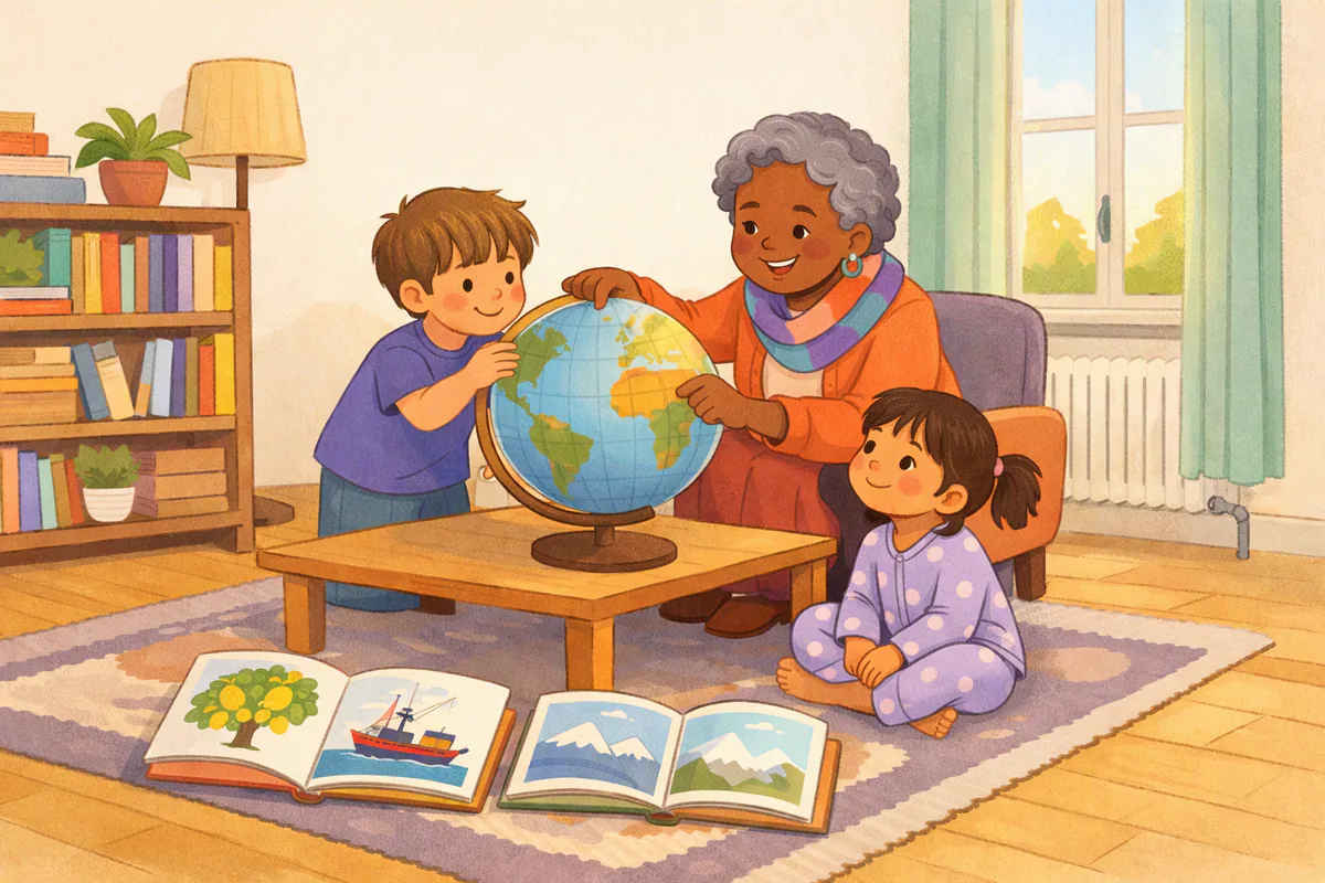 Une grand-mère montre un pays sur un grand globe à ses deux petits-enfants, entourés d'albums ouverts