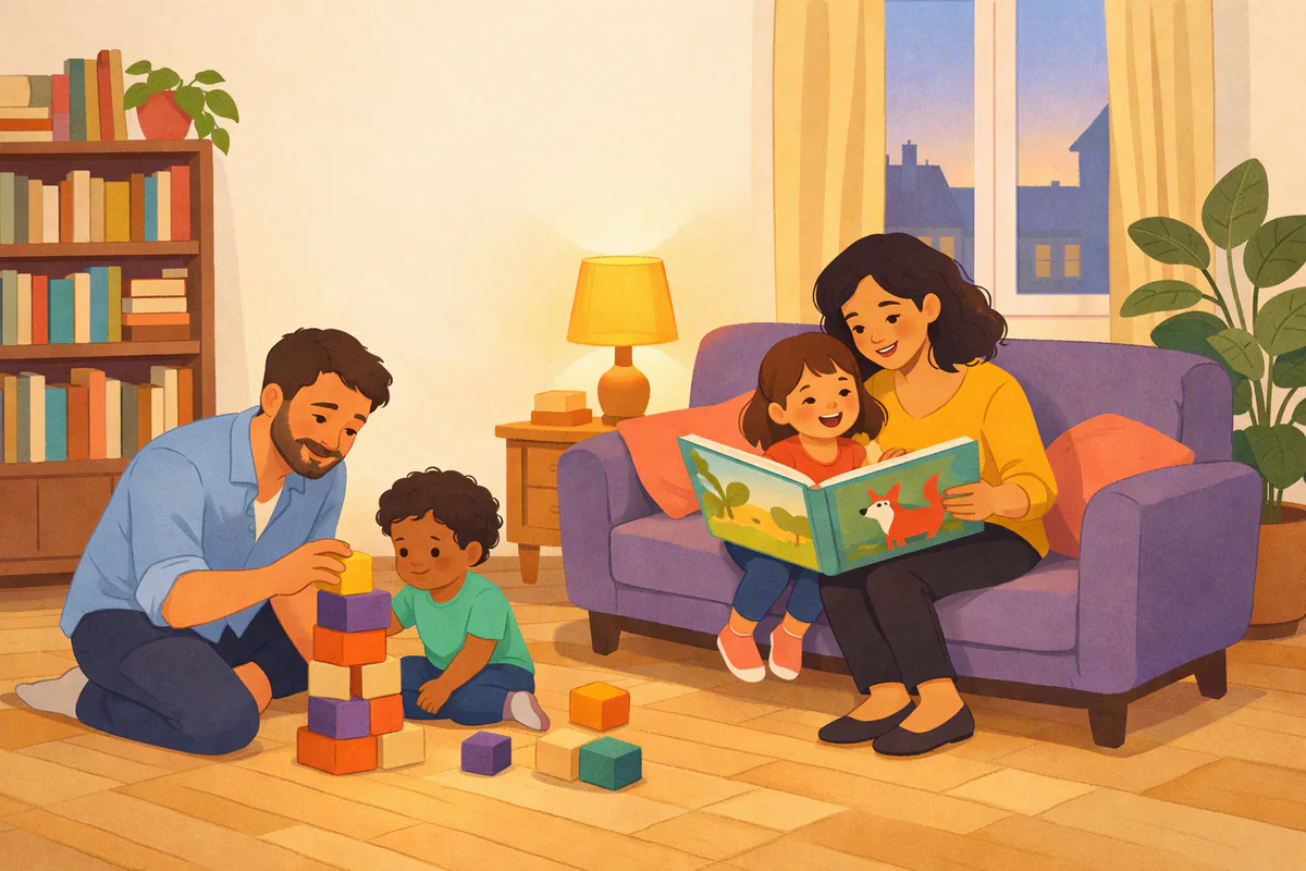 Le soir au salon, une mère lit un album avec sa fille sur le canapé pendant que le père construit une tour de cubes avec le petit