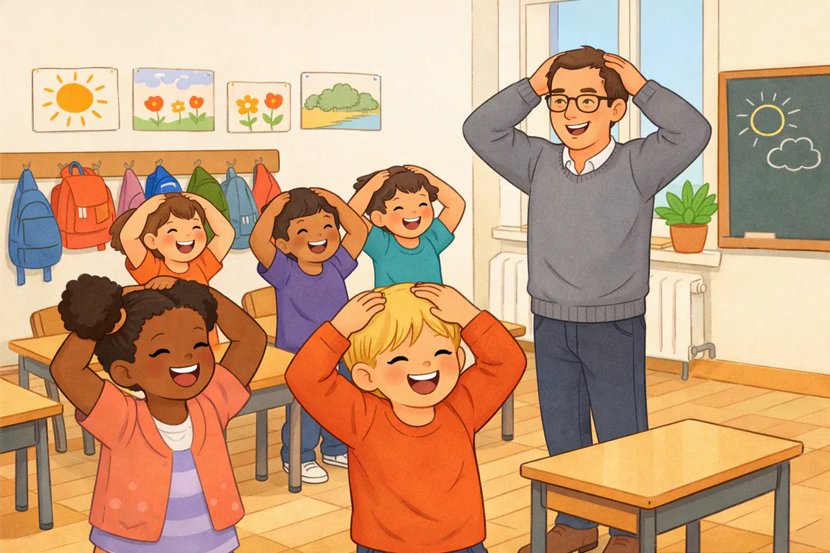 Dans une classe de CP, un enseignant et ses élèves chantent une chanson en anglais en posant les mains sur leur tête
