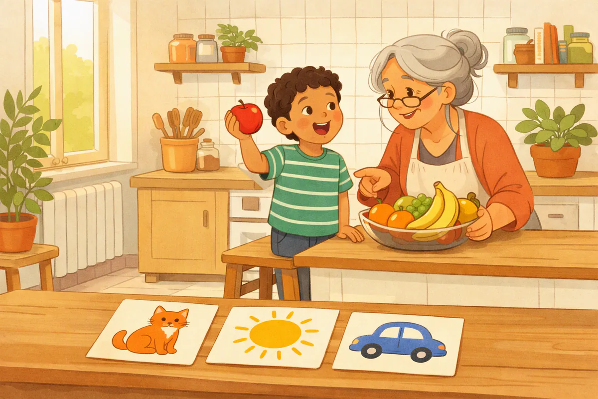 Dans la cuisine, un garçon montre une pomme rouge et dit son nom en anglais, sa grand-mère désigne la corbeille de fruits