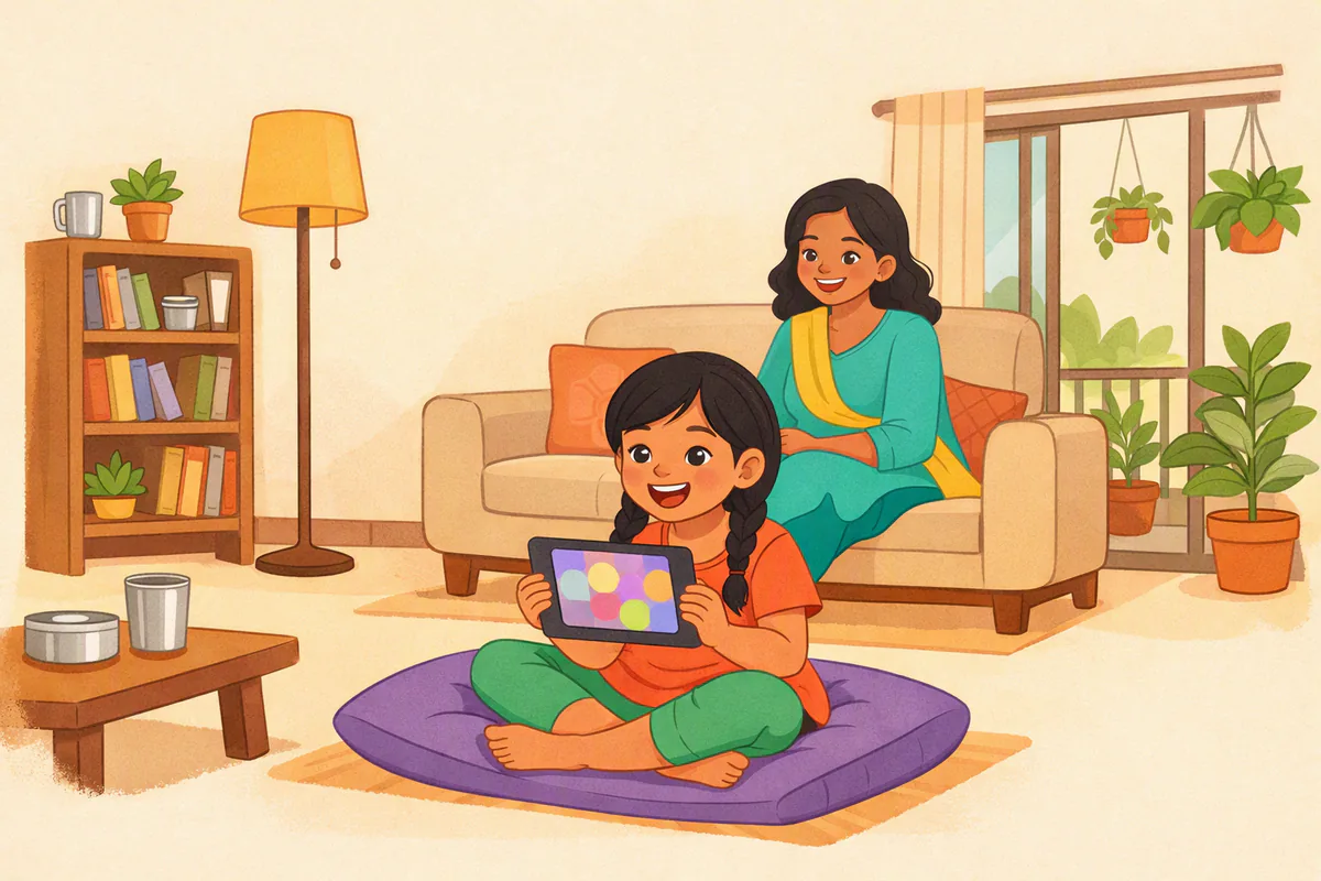 कुशन पर बैठी सात साल की बच्ची टैबलेट की ओर मुँह करके ख़ुशी से बोल रही है; पीछे सोफ़े पर बैठी माँ मुस्कुराकर सुन रही हैं