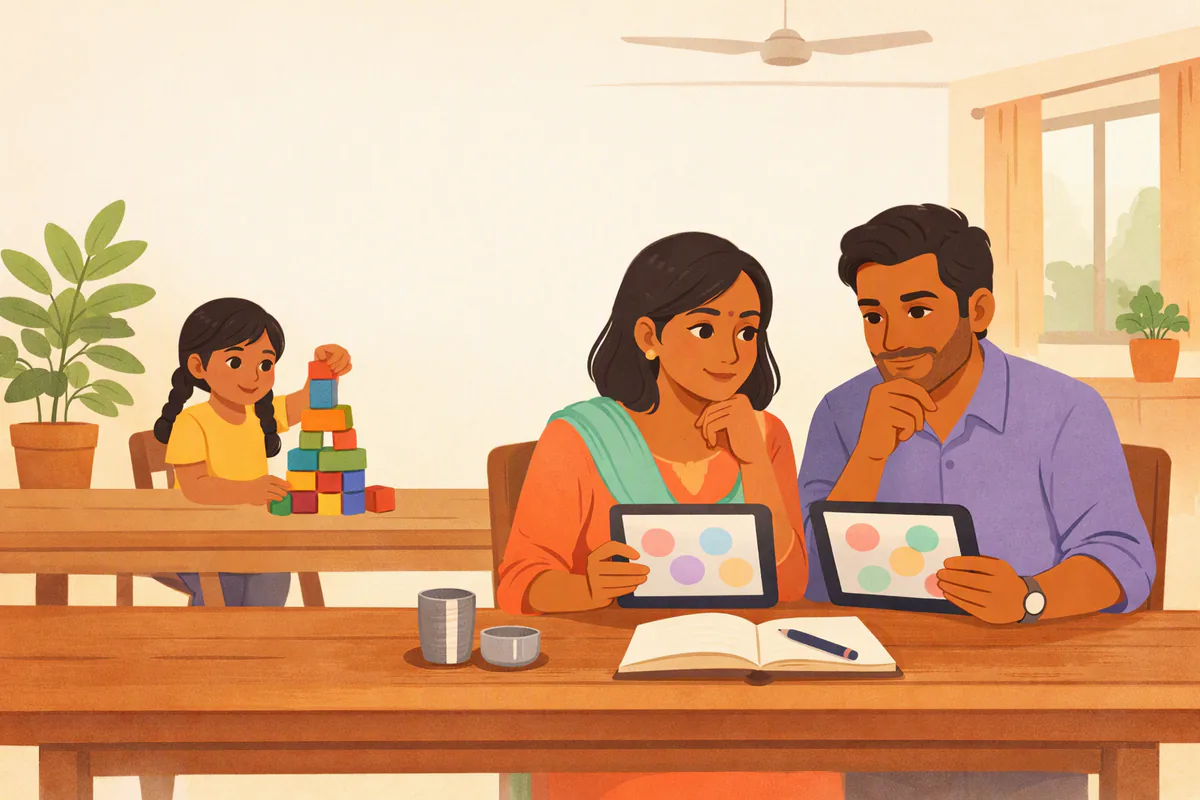खाने की मेज़ पर माता-पिता दो टैबलेट की तुलना कर रहे हैं, पास में नोटबुक और पेन है; मेज़ के दूसरी ओर बेटी लकड़ी के ब्लॉक से मीनार बना रही है