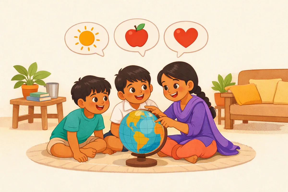 फ़र्श पर बड़े ग्लोब के चारों ओर बैठे तीन बच्चे; ऊपर चित्रों वाले बोलने के गुब्बारे हैं और बड़ी बहन ग्लोब पर एक जगह दिखा रही है