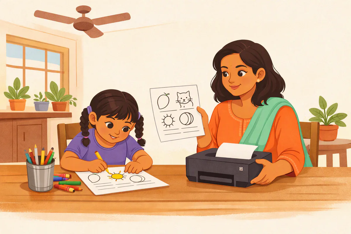 खाने की मेज़ पर बेटी चित्रों वाली वर्कशीट में रंग भर रही है और माँ प्रिंटर से नई शीट निकाल रही हैं