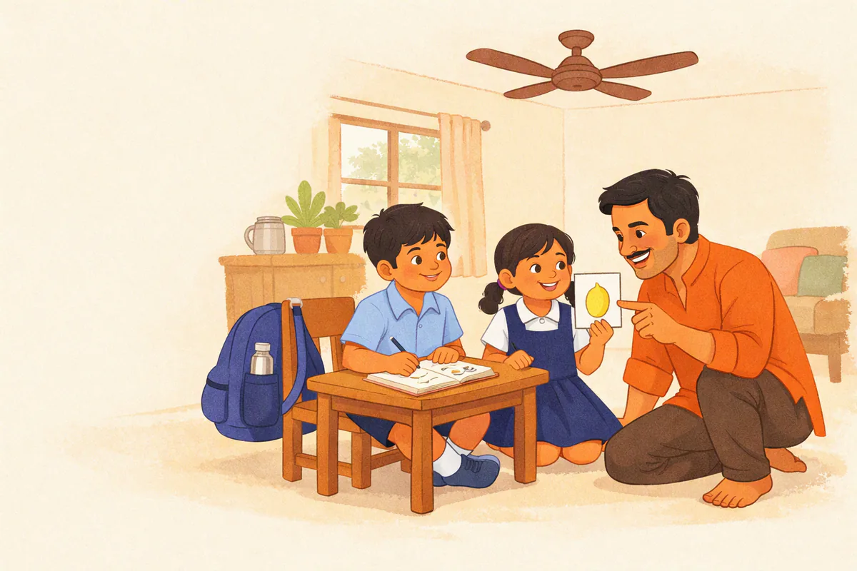 स्कूल यूनिफ़ॉर्म में भाई-बहन पढ़ाई की मेज़ पर; बहन आम वाला चित्र-कार्ड दिखा रही है और पापा पास बैठकर कार्ड की ओर इशारा कर रहे हैं