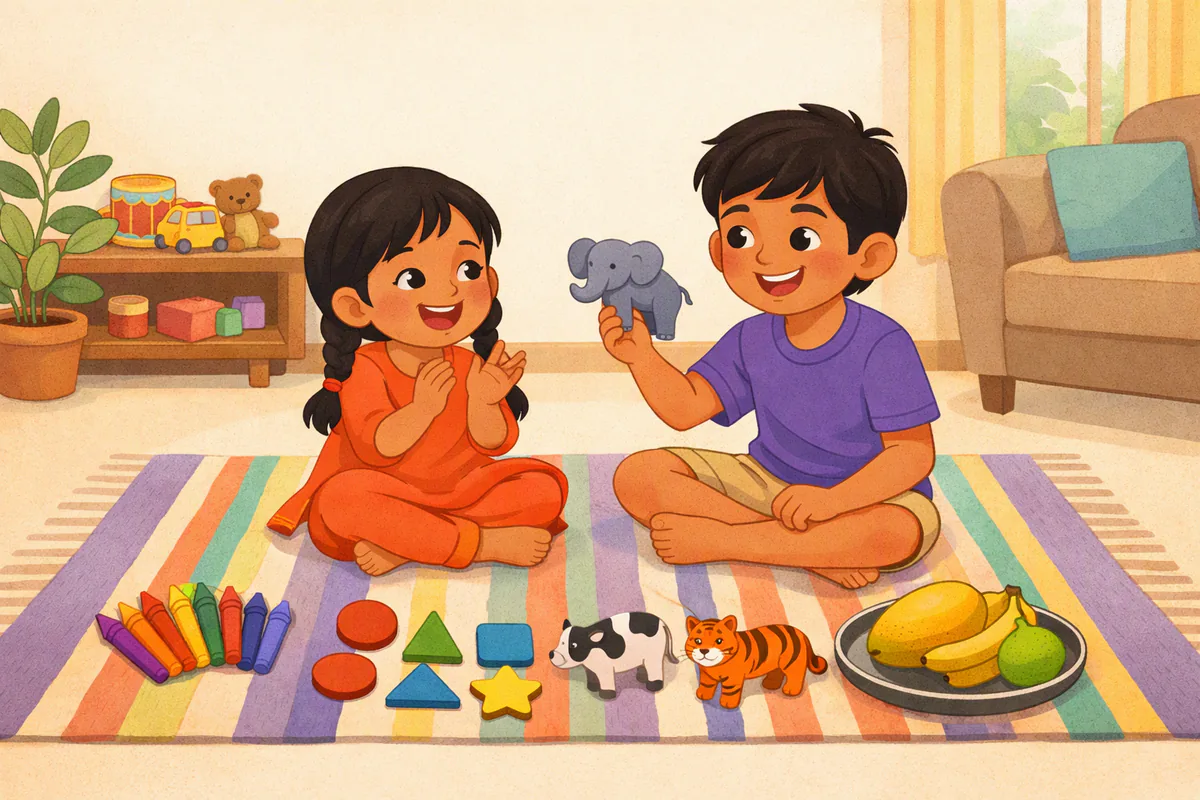 दरी पर बैठे भाई-बहन के चारों ओर रंगीन क्रेयॉन, लकड़ी की आकृतियाँ, खिलौना जानवर और स्टील की प्लेट में फल; भाई खिलौना हाथी उठाए है