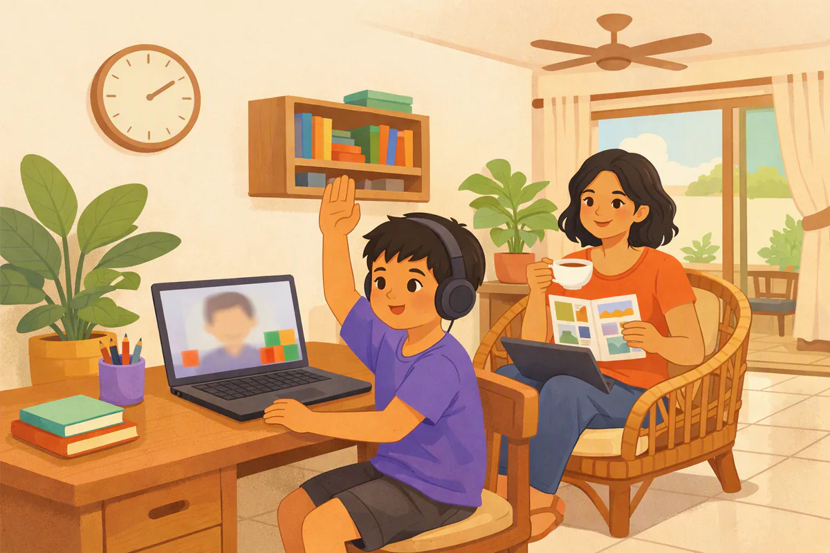 Anak laki-laki mengikuti les online dengan headphone di depan laptop, ibunya duduk di belakang sambil membandingkan brosur dan tablet