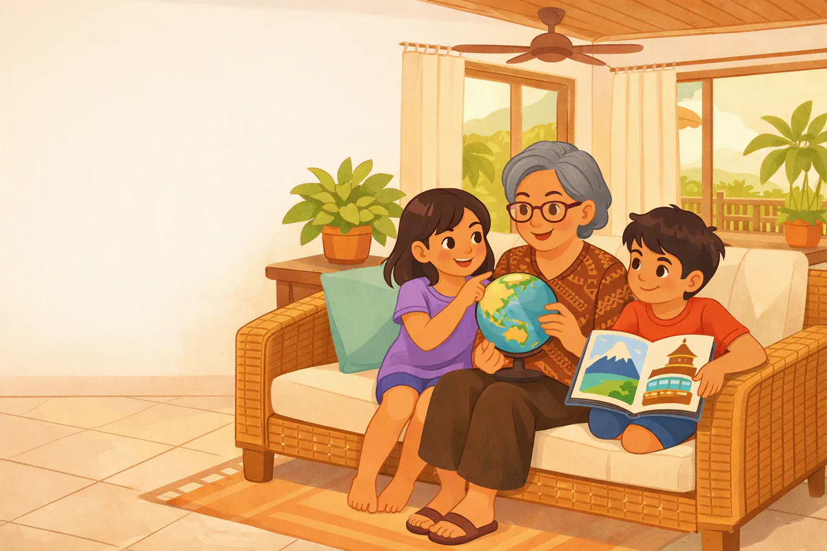 Nenek memutar bola dunia di sofa rotan, cucu perempuannya menunjuk sebuah tempat dan cucu laki-lakinya memegang buku bergambar