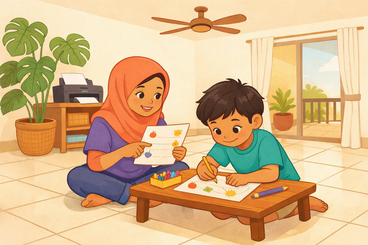 Anak laki-laki mengerjakan lembar kerja bergambar di meja rendah dengan krayon, kakak perempuannya membantu sambil menunjuk gambar, printer di rak belakang