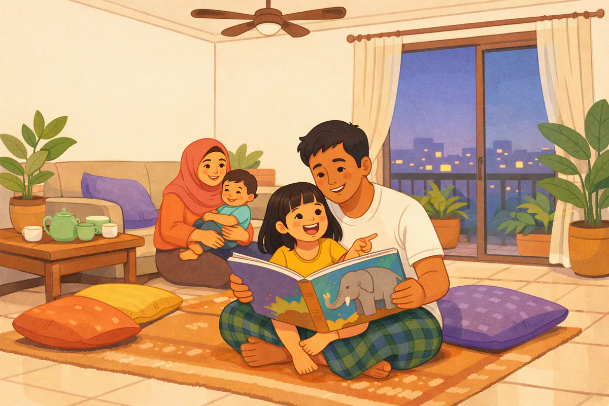 Malam di apartemen: ayah membacakan buku bergambar untuk putrinya di pangkuan, ibu yang berhijab menggendong balita di sofa sambil tersenyum