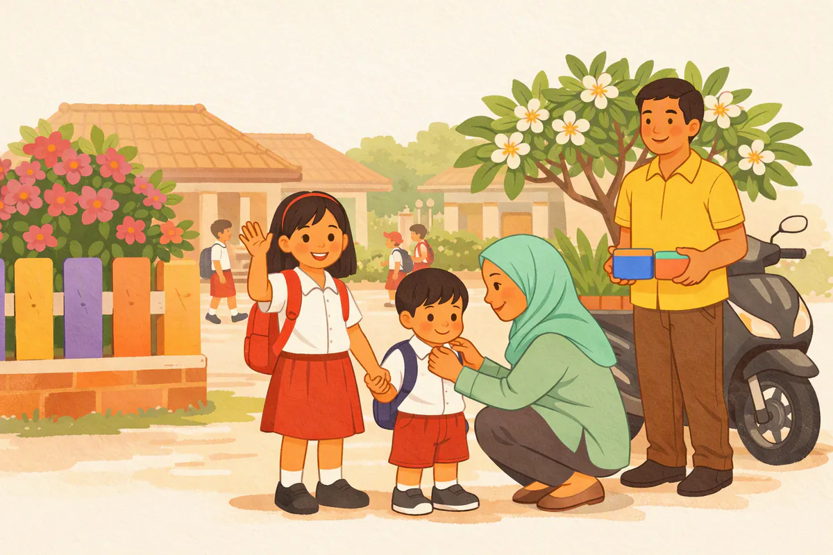 Pagi di depan SD: anak perempuan berseragam merah putih melambai, adiknya memegang tangannya, ibunya yang berhijab merapikan kerah si adik dan ayahnya membawa kotak bekal di samping skuter