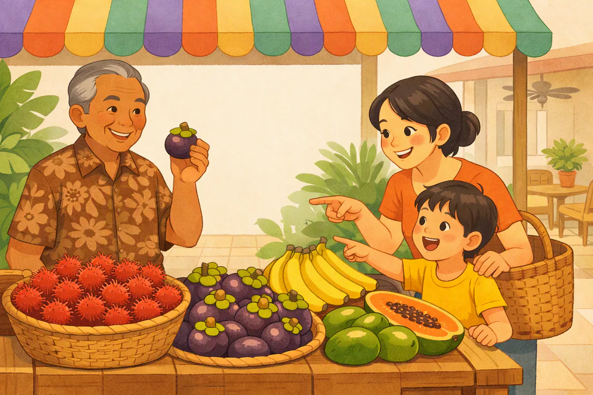 Di kios buah pasar tradisional, anak laki-laki menunjuk rambutan dengan gembira, ibunya menunjuk pisang dan pedagang memegang manggis