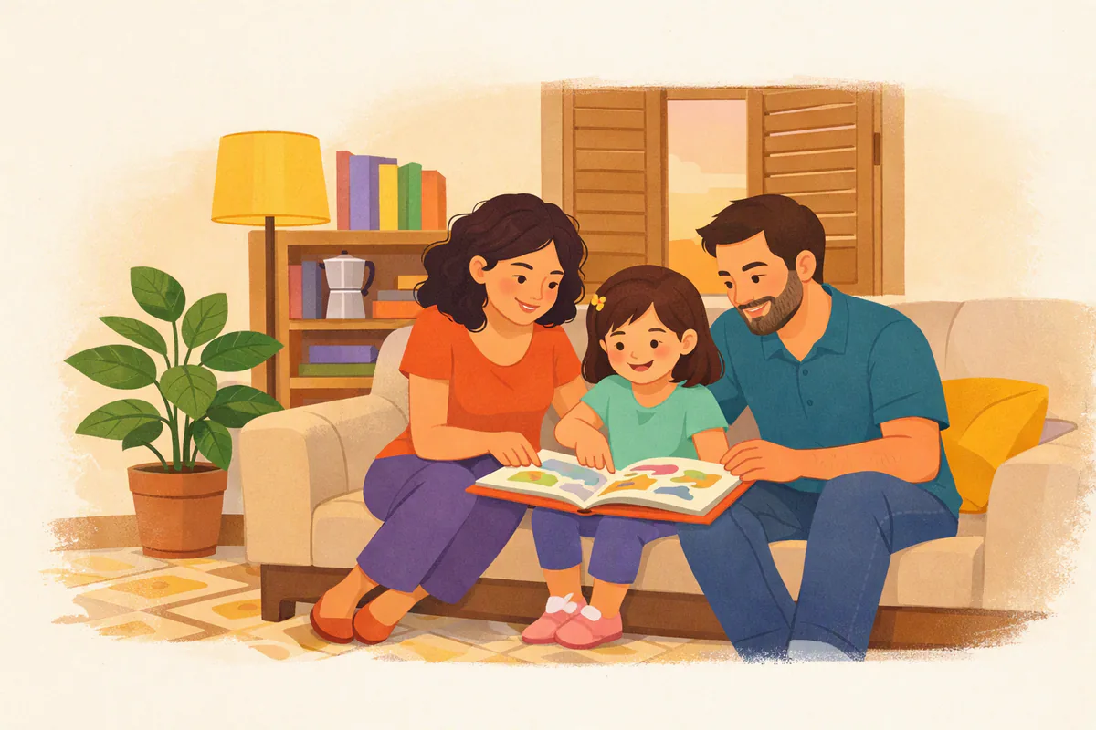 Mamma e papà sul divano ascoltano la figlia di cinque anni che indica le figure di un libro illustrato