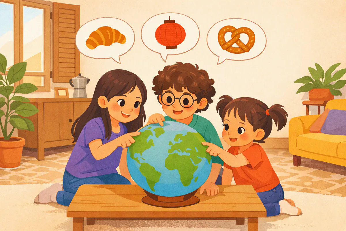 Tre bambini intorno a un mappamondo indicano paesi diversi, sopra di loro nuvolette con un croissant, una lanterna e un pretzel