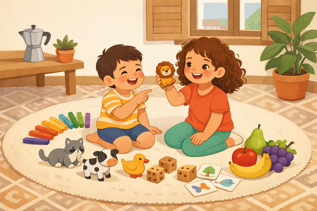 Due fratelli sul tappeto circondati da pastelli, cubi, animali giocattolo e frutta: la bambina alza un leone giocattolo