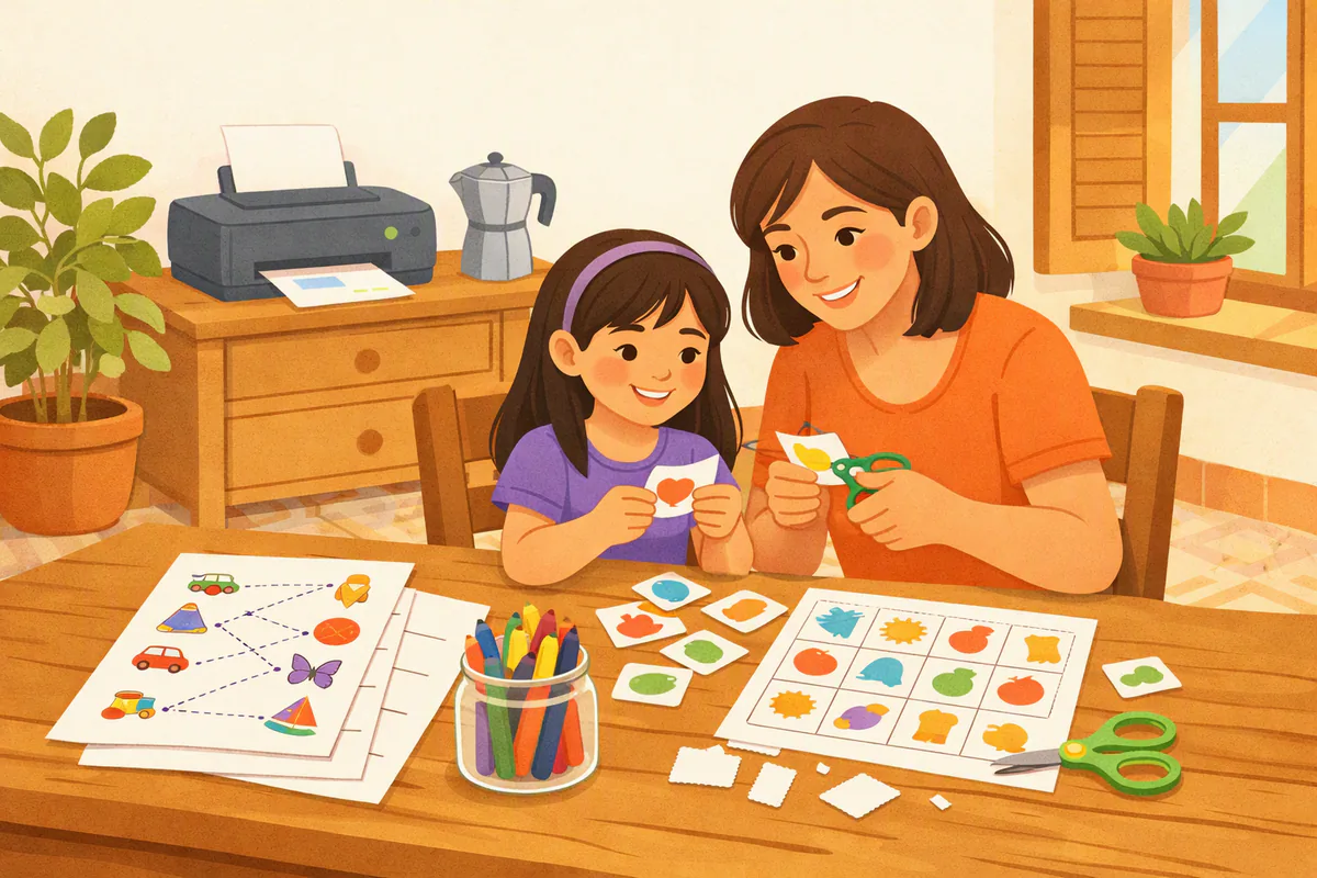 Mamma e figlia al tavolo della cucina ritagliano carte illustrate da schede stampate, con pastelli e forbici