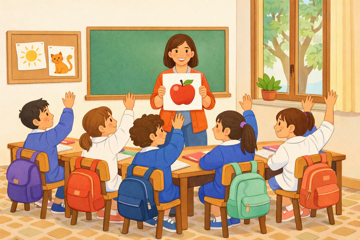 Una classe di scuola primaria: la maestra mostra il disegno di una mela rossa e i bambini con il grembiule alzano la mano