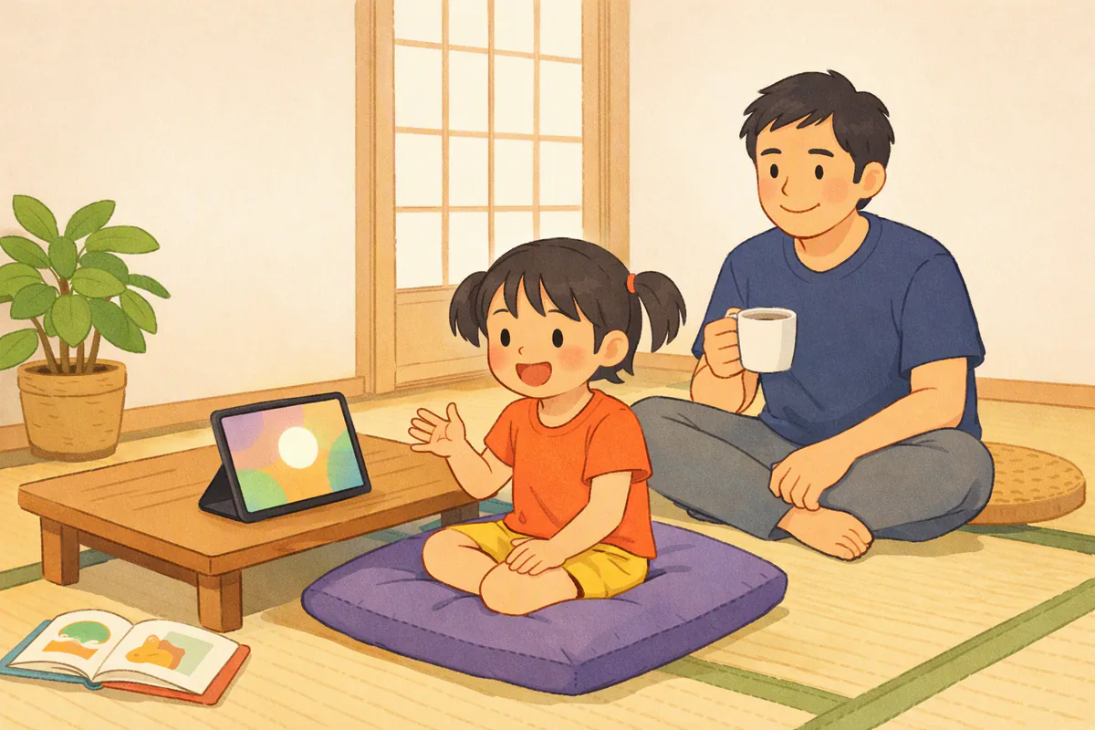 和室で女の子がちゃぶ台のiPadに向かって楽しそうに話し、後ろで父親がコーヒーを飲みながら聞いている