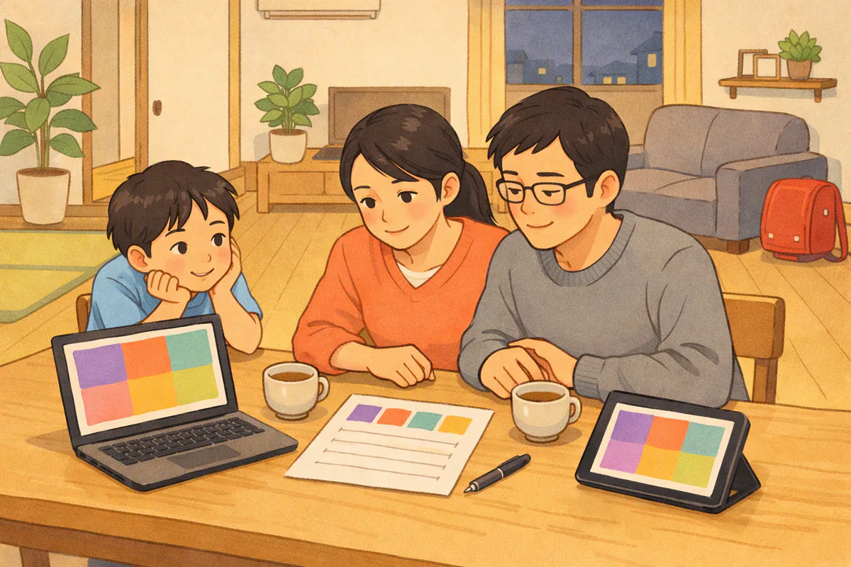 ダイニングで両親がノートパソコンとタブレットを並べて見比べ、7歳くらいの息子がテーブルにほおづえをついている