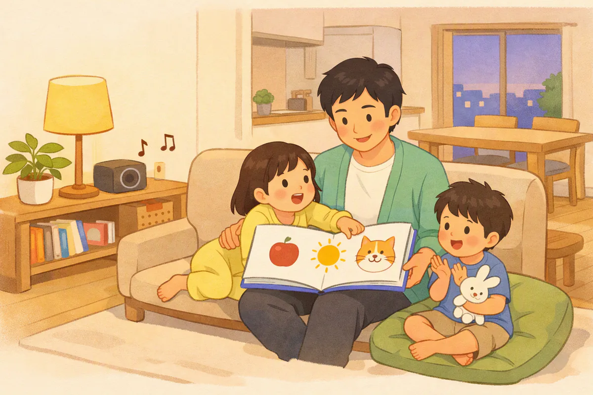 リビングのソファで父親が絵本を開き、5歳くらいの娘がりんごの絵を指さし、弟が手をたたいている
