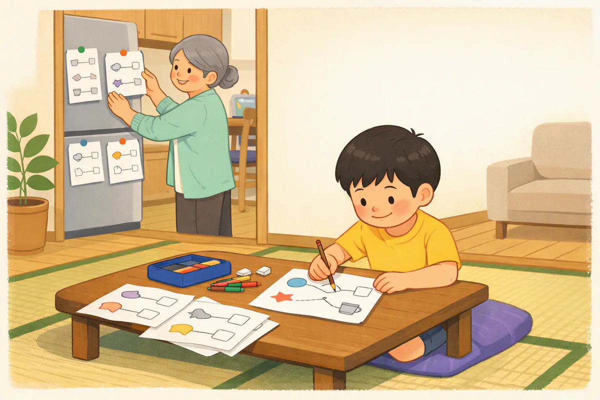 和室のちゃぶ台で男の子がプリントの絵と絵を線でつなぎ、奥で祖母が仕上がったプリントを冷蔵庫にはっている