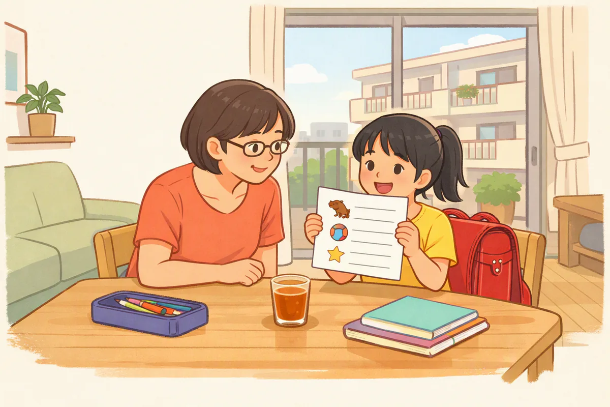 ダイニングで小学3年生くらいの女の子が学校のプリントを母親に見せている。いすには赤いランドセル